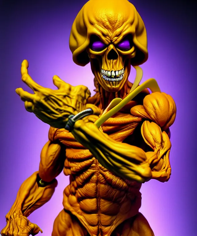 Image similar to hyperrealistic rendering, skeletor, by art of skinner and richard corben and jeff easley, product photography, action figure, sofubi, studio lighting, colored gels