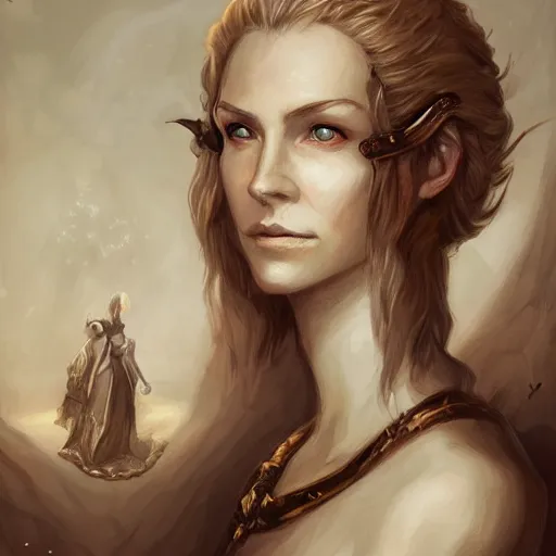 Image similar to a detailed matte head - on portrait painting of an middle - aged half - tiefling noblewoman with golden eyes and short well kept hair, by charlie bowater, lise deharme, wlop, tending on arstation, dungeons and dragon, dnd, pathfinder, fanart, oil on canvas