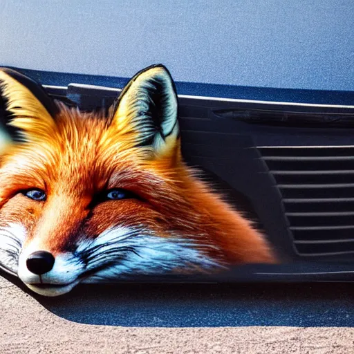 Image similar to a fox sleeping on a suv, side of the road, sunny, hyperrealistic, 4 k, contest winning photography