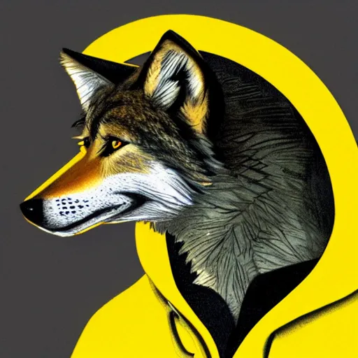 Image similar to a full-body sketch of an anthro mexican gray wolf face wearing a yellow raincoat from Dark (Netflix series)