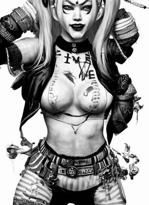 Image similar to highly detailed ink illustration of harley quinn, unreal engine, octane render, b & w clean shaped illustration by kim jung gi, ron english and eiichiro oda