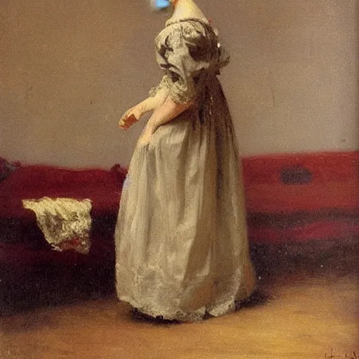 Image similar to young victorian lady in nightgown, painting by alfred stevens