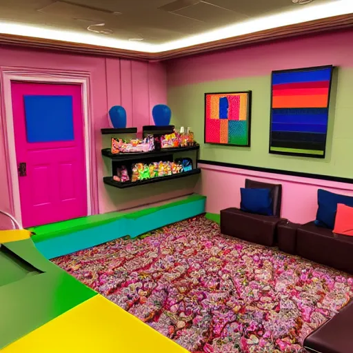 Image similar to a colorful theater dressing room made of candy