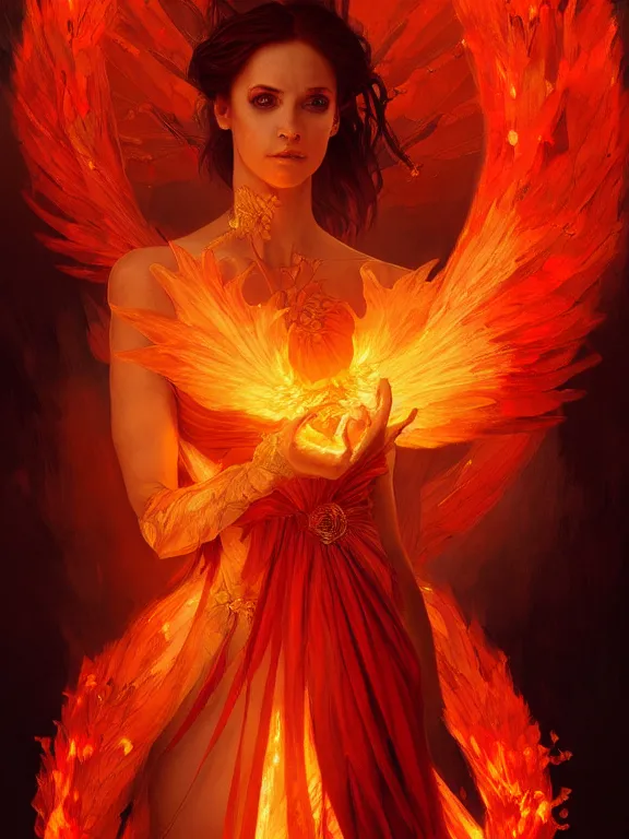 Prompt: portrait of a fire fairy, dress made of fire, fiery wings, obsidian skin, red eyes, highly detailed, smooth, sharp focus, chiaroscuro, digital painting, artgerm and greg rutkowski and alphonse mucha