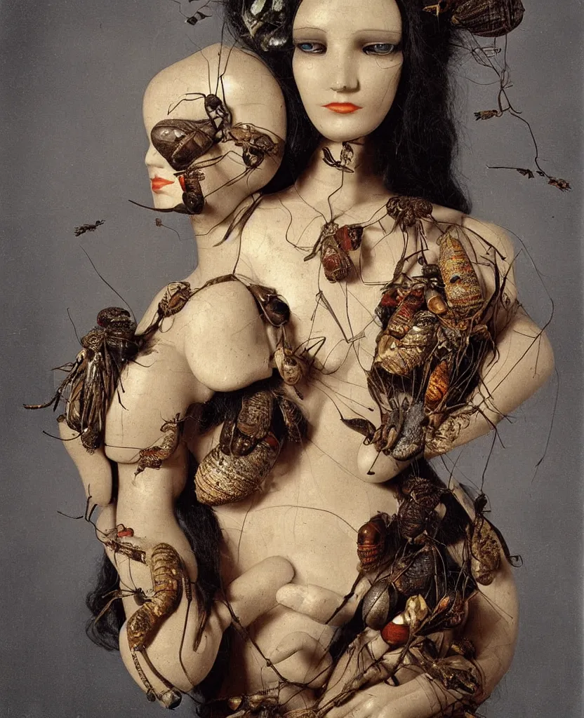 Prompt: 1800's photograph, autochrome, vintage glass plate photograph, head and shoulders portrait of a beautiful female mannequin with a large moth sitting on her face, large caterpillars and big beetles crawl over her body, jointed wooden doll with long flowing hair, holding each other, hands, beautifully disturbing, gothic, taxidermy, by Nina Masic by Flora Borsi