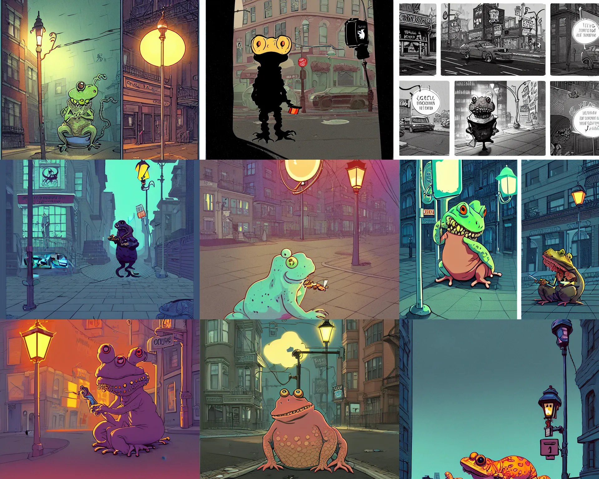 Prompt: a study of cell shaded cartoon of a lovecraftian scary toad smoking a cigarette in Queens New York, street lamps, road, illustration, wide shot, subtle colors, post grunge, concept art by josan gonzales and wlop, by james jean, Victo ngai, David Rubín, Mike Mignola, Laurie Greasley, highly detailed, sharp focus, Trending on Artstation, HQ, deviantart, art by artgem
