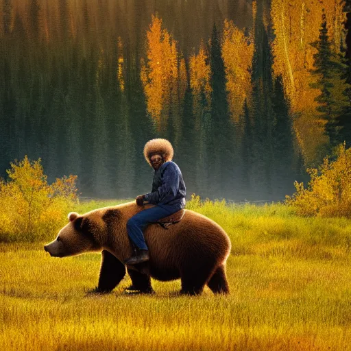 Image similar to a photo of bob ross riding on the back of brown bear in alaska at fall season, outdoor lighting, realistic, photo, national geographic photo, volumetric, fog