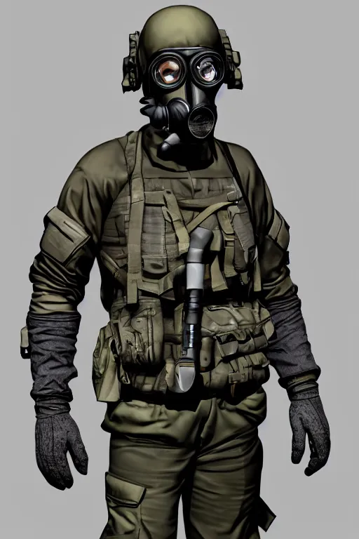 Image similar to british sas operative with the standard s 1 0 gas mask and the black uniform, 8 0 s, artstation, trending on artstation, establishing shot