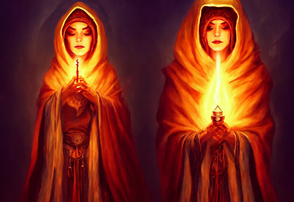 Image similar to ( a priestess with a hood that covers half her face carries an incense burner that emits a pleasantly colored flame. ) by anato finnstark, dream, full body portrait, dynamic lighting, beautiful, trending on artstation, wallpaper, 4 k, award winning, digital art, very detailed faces