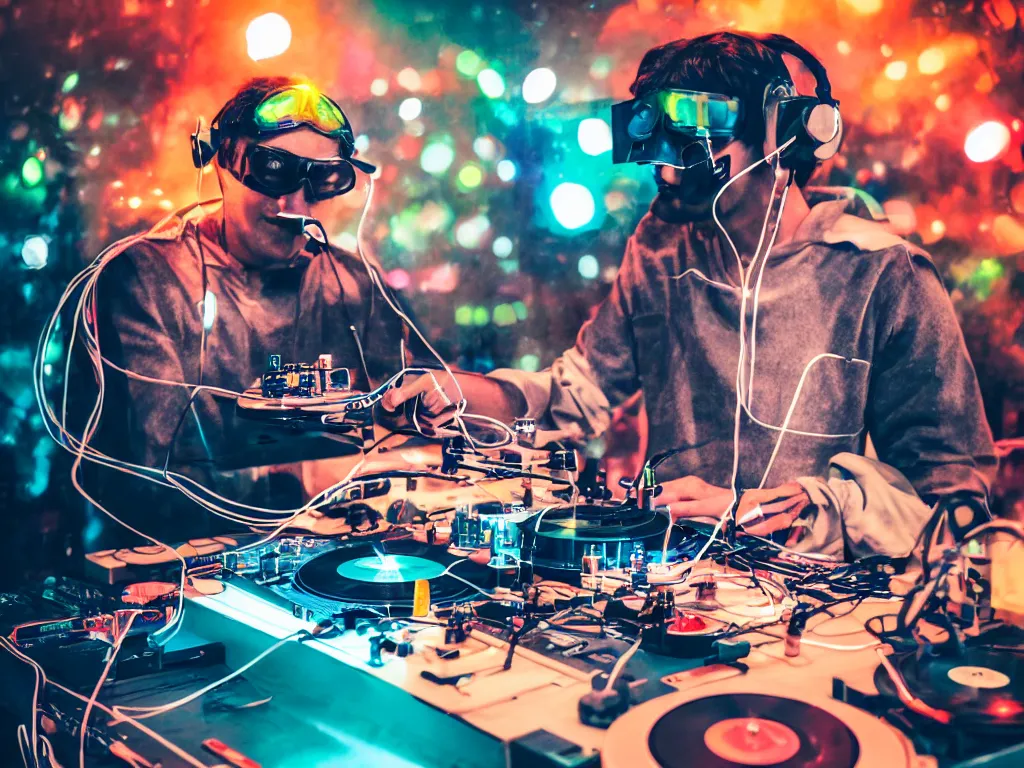 Image similar to a person wearing goggles and visor and headphones using a retro record player contraption, wires and tubes, turntablism dj scratching, intricate planetary gears, cinematic, imax, sharp focus, leds, bokeh, iridescent, black light, fog machine, hazy, lasers, hyper color digital art