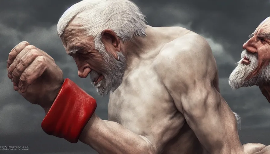 Prompt: jesus christ fighting a very old man, hyperrealistic, 8k, artstation, cgsociety