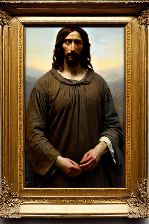 Image similar to photograph imax and solomon joseph solomon and richard schmid and jeremy lipking victorian loose genre loose painting full length portrait painting of jesus