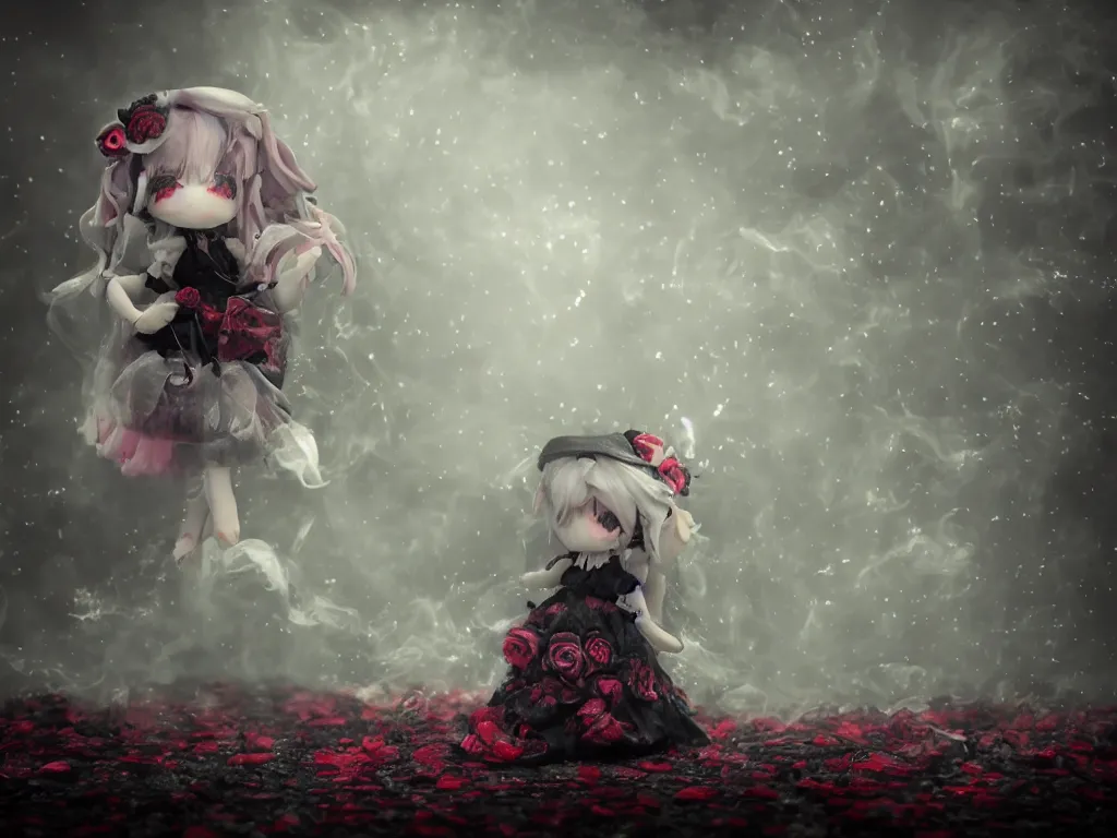 Prompt: cute fumo plush of a gothic maiden girl clutching lots of decayed roses, stale twilight, swirling vortices of emissive smoke and volumetric fog over the river, bokeh, vignette, vray
