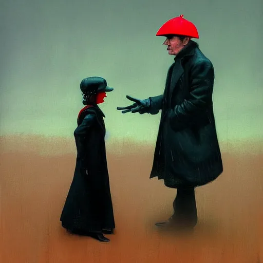 Prompt: a highly detailed epic cinematic concept art, cyberpunk, a thin man in a black coat and bowler hat talks with small young girl who is dressed in a red coat and a red hat, park, autumn, in the style of Francis Bacon and Syd Mead and Norman Rockwell and Beksinski, painted by Francis Bacon and Edward Hopper, painted by James Gilleard, surrealism, airbrush, Ilya Kuvshinov, WLOP, Stanley Artgerm, very coherent, triadic color scheme, art by Takato Yamamoto and James Jean, high detail, width 768