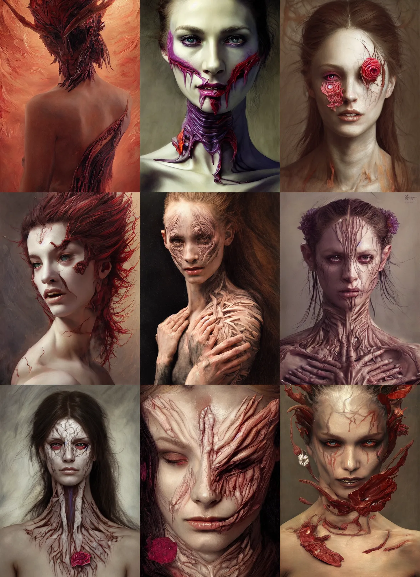 Prompt: half demon half human intricate skin, petals, silicon covers, elegant, peaceful, full body, shy, hyper realistic, extremely detailed, dnd character art portrait, fantasy art, intricate fantasy painting, dramatic lighting, vivid colors, deviant art, artstation, by edgar maxence and caravaggio and michael whelan and delacroix.