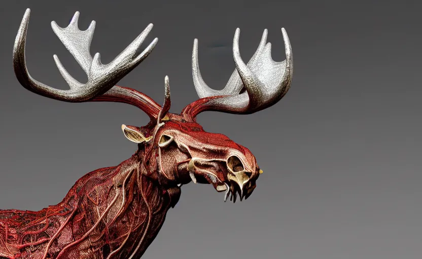 Image similar to stylized shiny polished silver statue full body bizarre cosmic horror quadruped animal moose deer skull four legs made of slug creature tendrils, perfect symmetrical body, perfect symmetrical face, hyper realistic, hyper detailed, by johannen voss, by michelangelo, octane render, blender, 8 k, displayed in pure white studio room anatomical deep red arteries veins flesh