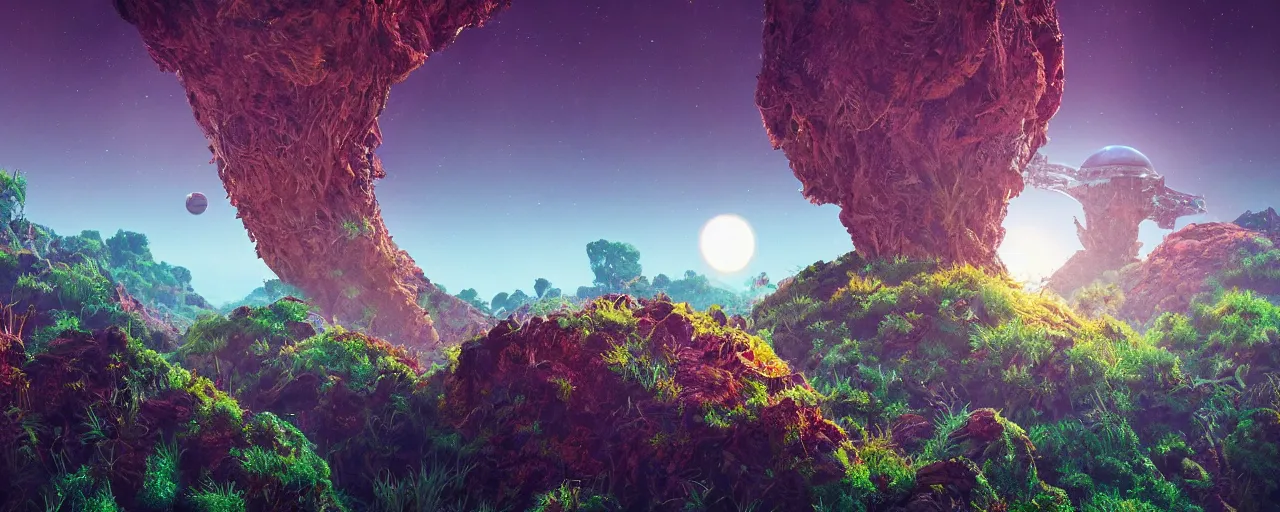 Image similar to ” outer planet with strange alien vegetation, [ colourful, cinematic, detailed, epic, widescreen, opening, establishing, mattepainting, photorealistic, realistic textures, octane render ] ”