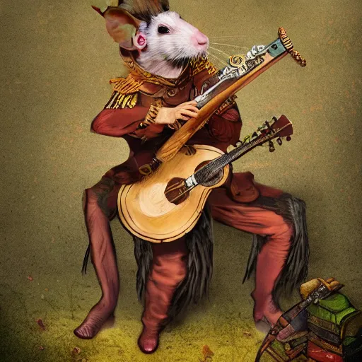 Prompt: a fancy rat man fantasy dnd bard performing on a stage playing lute, fine digital art, extreme detail, highly complex, very intricate, volumetric bushes