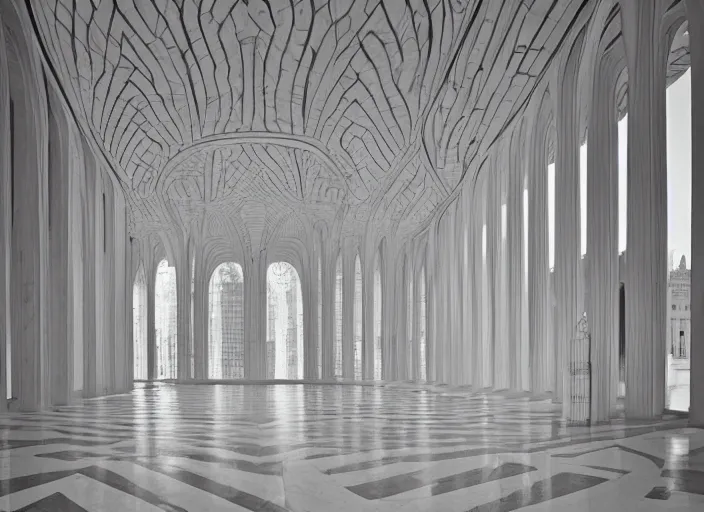 Image similar to symmetry!! white marble interior photograph, architecture carved, beautiful, smoothness, expansive, by louis kahn and moshe safdie