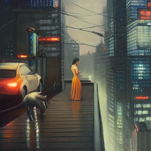 Image similar to girl and cat on a roof, moment, cyberpunk elevated train, electronic billboards, tech noir, wet reflections, atmospheric, ambient, livia prima, greg rutkowski, edward hopper, pj crook