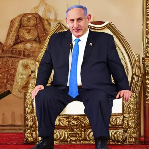 Image similar to Benjamin Netanyahu as a fat Arab king, sitting on his throne