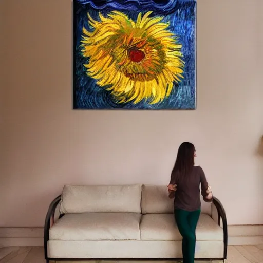 Image similar to giant flower head, woman in a luxury apartment, surreal, dramatic light, impressionist painting, digital painting, artstation, van gogh