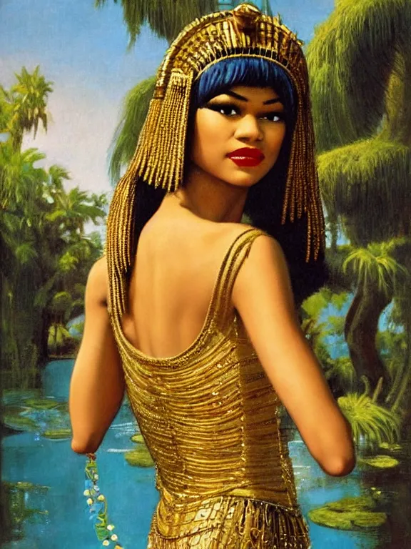 Prompt: zendaya as the great beauty cleopatra, a beautiful art nouveau portrait by Gil elvgren, Nile river water garden , centered composition, defined features, golden ratio, gold jewelry