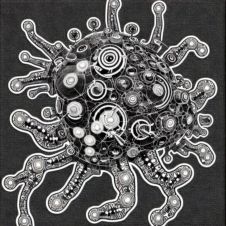 Image similar to a black and white drawing of variety of sea life as a hyperdetailed mech with electronic equipment space station, a microscopic photo by ernst haeckel, zbrush central, kinetic pointillism, intricate patterns, photoillustration