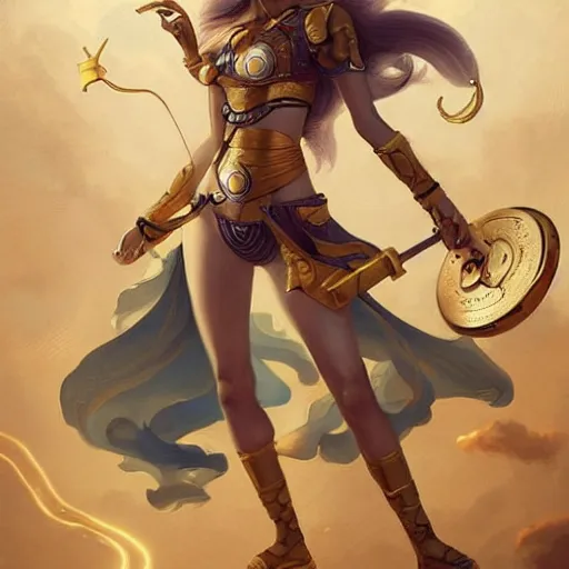 Image similar to Athena of Abyssinia in gold, defeats Chronos with throwing disc, by Peter Mohrbacher:5 Trending on Artstation:5