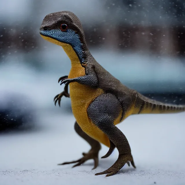 Image similar to a beautiful photo by saul leiter of a tiny dinosaur standing in the street, tiny gaussian blur, insanely detailed, insanely intricate, insanely beautiful, depth of field, low contrast, snowy, wide aperture