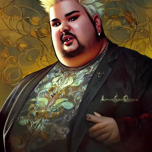 Image similar to Obese Guy Fieri, fantasy, intricate, elegant, highly detailed, digital painting, artstation, concept art, matte, sharp focus, illustration, art by Artgerm and Greg Rutkowski and Alphonse Mucha