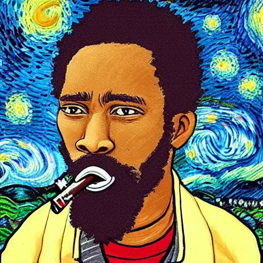 Prompt: “A black male that looks like Van Gogh smoking a blunt with a background of starry night”