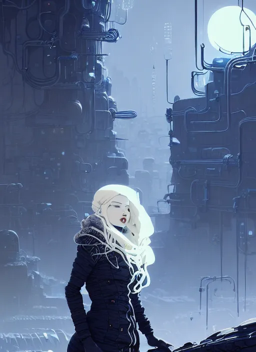 Prompt: highly detailed portrait of a hopeful frostpunk long blonde hair lady with curvy figure, stray wiring by atey ghailan, james gilleard, by joe fenton, by greg rutkowski, by greg tocchini, by kaethe butcher, 4 k resolution, gradient blue, black and white color scheme!!! ( ( glaciated robotic dystopian city background ) )