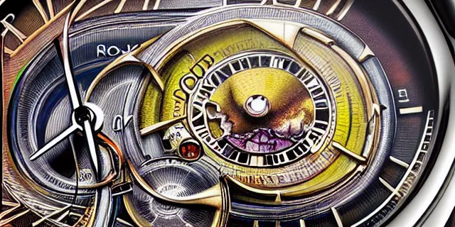 Image similar to painting hyperdetailed rolex watch face designed by dan seagrave and tomasz alen kopera and simon stahlenhag