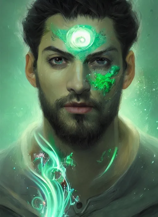 Image similar to character concept portrait of an extremely handsome young Spanish wizard with green eyes and powder-green skin conjuring a cosmic spell, a floating iridescent spell book in the center, intricate, elegant, digital painting, concept art, smooth, sharp focus, illustration, from Metal Gear, by Ruan Jia and Mandy Jurgens and William-Adolphe Bouguereau, Artgerm