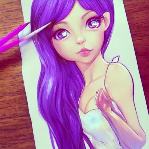 Image similar to very very very beautiful tiny princess in her 20s with fairy wings wearing skintight purple dress, making eye contact, smiling, flirty, perfect body, perfect face, drawn by artgerm