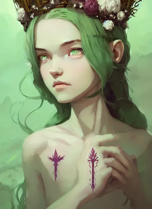 Image similar to portrait of cute fairy girl with crown of flowers covered with rune tattoos, fantasy, by atey ghailan, by greg rutkowski, by greg tocchini, by james gilleard, by joe gb fenton, by kaethe butcher, dynamic lighting, gradient light green, brown, blonde cream and white color in scheme, grunge aesthetic