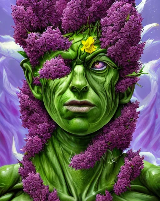 Image similar to Haunting horrifying detailed painting of a huge muscular hulking extraterrestrial flower monster made of lilacs, roses, lilies and daffodils, telekinetic aura, magical powers, and bloodshot eyeballs, hyper detailed, trending on Artstation