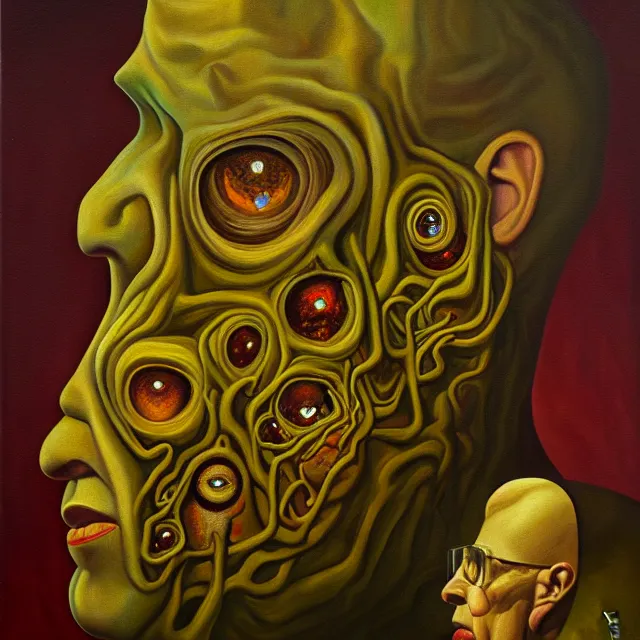 Prompt: an oil on canvas portrait painting, polycount, surrealism, surrealist, lovecraftian, cosmic horror, grant wood, high detail