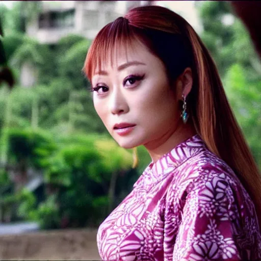 Prompt: Ayumi Hamasaki wearing batik shirt , film still, best scene,