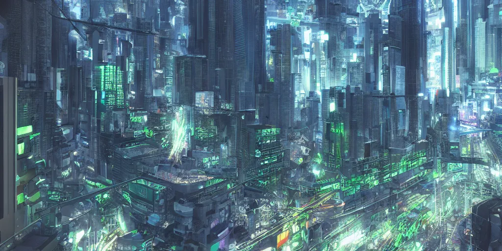 Image similar to neo brutralism, futuristic architectural art of Tokyo in 2049, colorful, hyperrealistic, octane render, 8k, realistic depth, 3D feeling, sunlight, shadows, reflections, romanticism, wallpaper, dark blue and green tones, uplight, in the style of Akihiko Yoshida