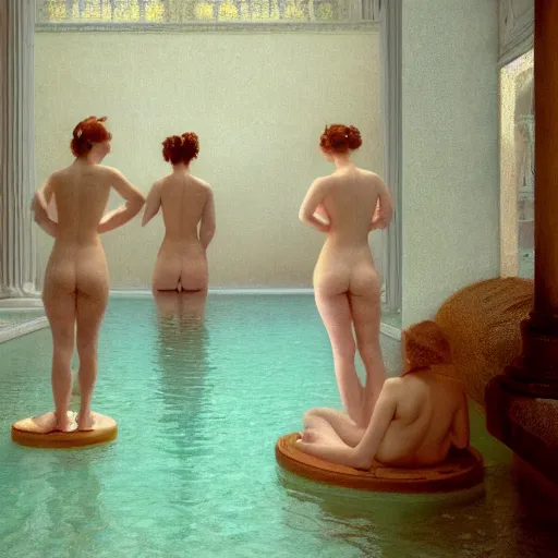 Prompt: masterpiece painting of bathing women, by Jean-Auguste-Dominique Ingres, wide angle, minimalistic cinematic composition, octane render, bokeh, unreal engine, 4k, 3d render