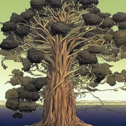 Image similar to a large tree growing from a quartz crystal floating in soace, by moebius