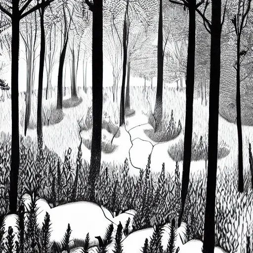 Image similar to beautiful forest illustration, 4k detailed, black ink on white paper, fantasy, white space in center