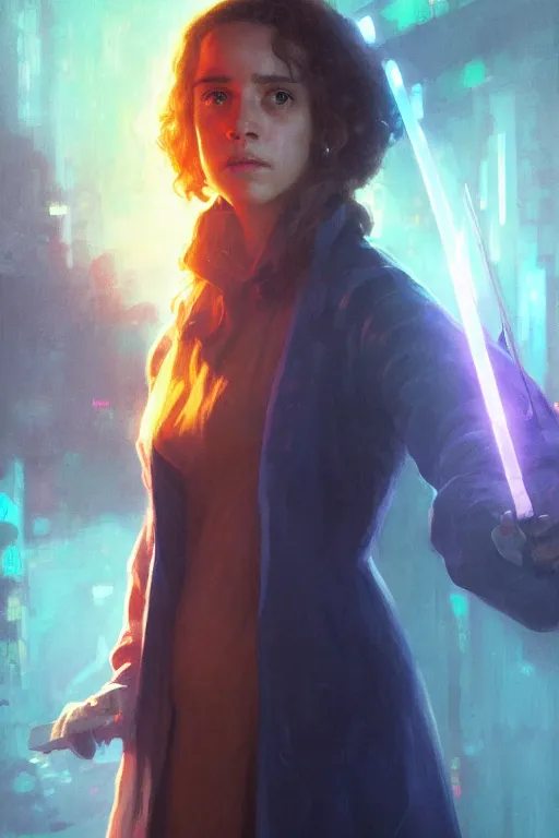 Image similar to portrait of Hermione Granger in cyberpunk, neon lighting, night city, digital art from artstation by Ruan Jia and Mandy Jurgens and Artgerm and william-adolphe bouguereau and Greg Rutkowski and Wayne Barlowe