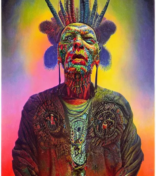 Image similar to Portrait painting in a style of Beksinski mixed with Alex Grey of an old shaman dressed in a colorful traditional clothes. Very psychodelic
