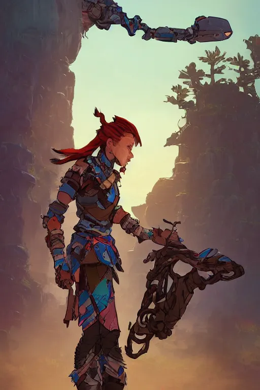 Image similar to combination suit armor aloy horizon forbidden west horizon zero dawn robot ninja mask helmet backpack tribal, art gta 5 comics, official fanart behance hd artstation by jesper ejsing, by rhads, makoto shinkai and lois van baarle, ilya kuvshinov, ossdraws radiating a glowing aura cgi rtx 2 0 2 2