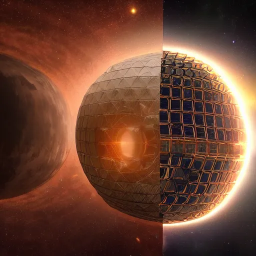 Image similar to dyson sphere in space, transparent panels, intricate abstract, unreal engine tech demo, golden hour, scifi