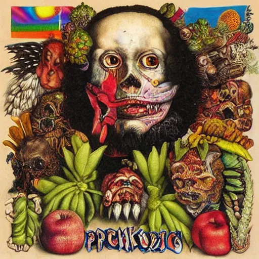 Image similar to punk album cover, psychedelic, giuseppe arcimboldo