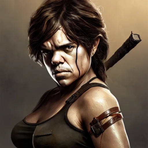 Prompt: peter dinklage as lara croft tomb raider, digital painting, extremely detailed, 4 k, intricate, brush strokes, mark arian, artgerm, bastien lecouffe - deharme